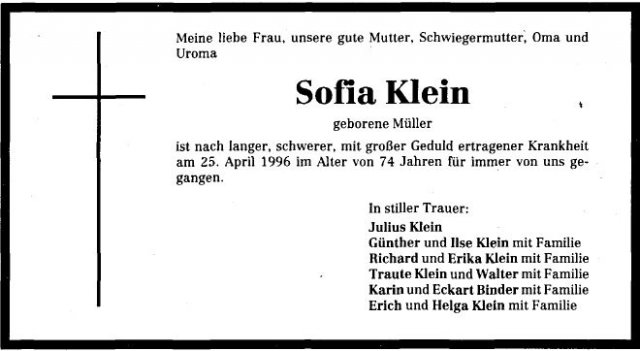 Mueller Sofia 1922-1996 Todesanzeige